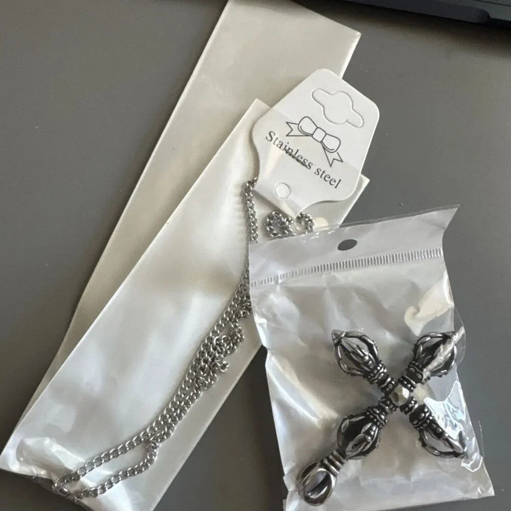 Tibetan Stainless Cross Vajra Dorje Amulet Keychain Pendant Buddhist Ritual Tool